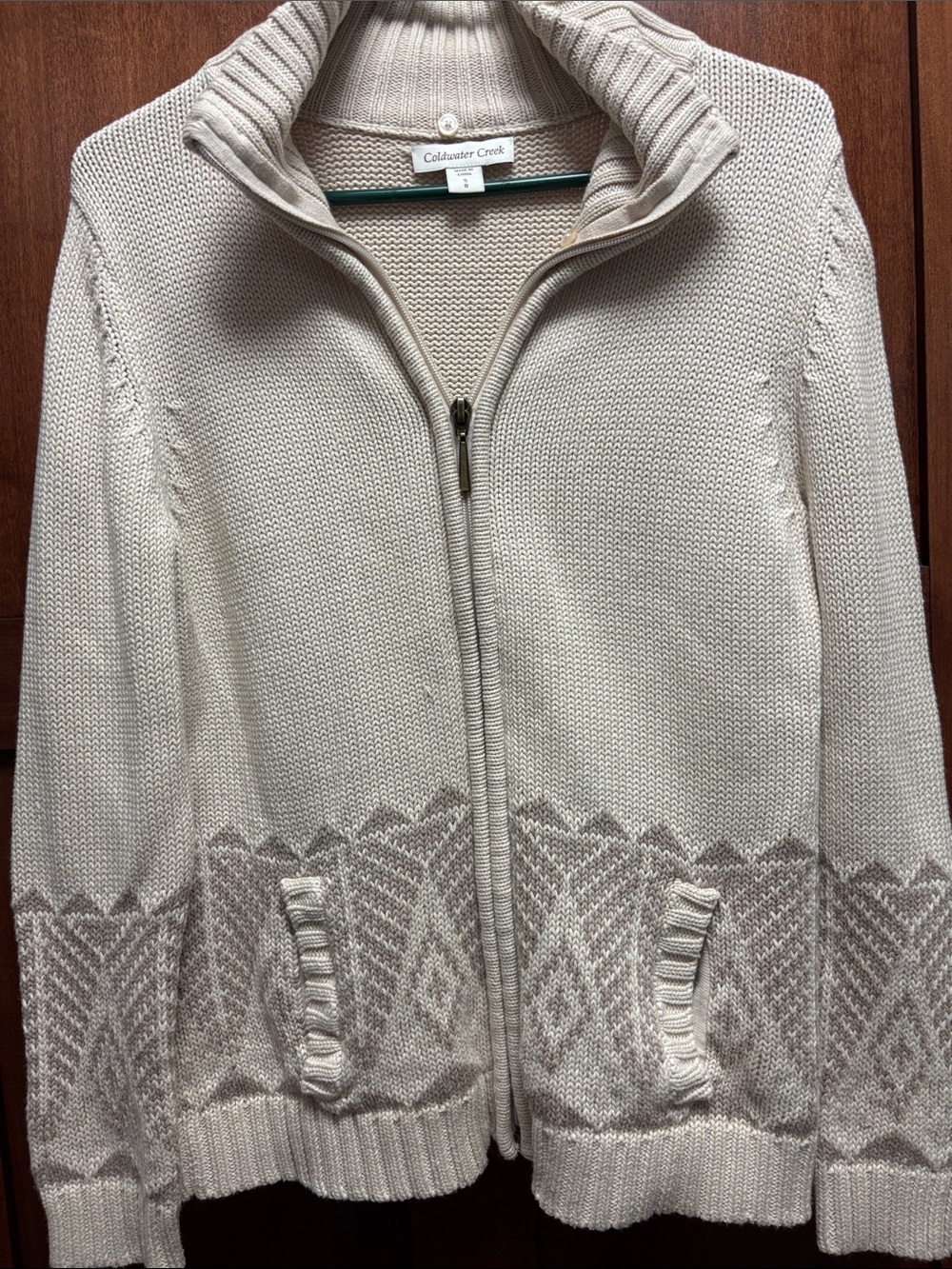 Coldwater Creek Cream Zip Front Knit Cardigan with Patterned Hem
